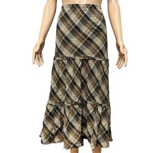 Avenue Plaid Midi Skirt 14/16 Tiered Brown Multi Grunge Cottagecore Pull On